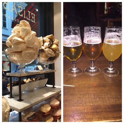 A true depiction of our time in Brussels: a photo from inside a chocolate shop and a flight of Belgian beer.